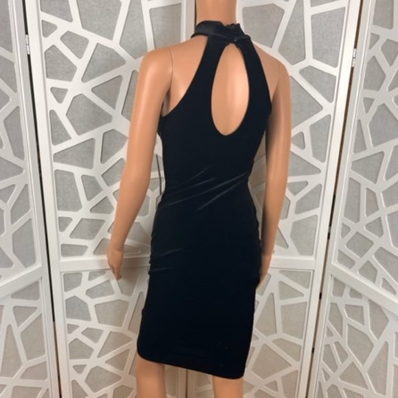 Black Mini Dress High Neck Sleeveless Velvet Like Bodycon - Picture 3 of 8